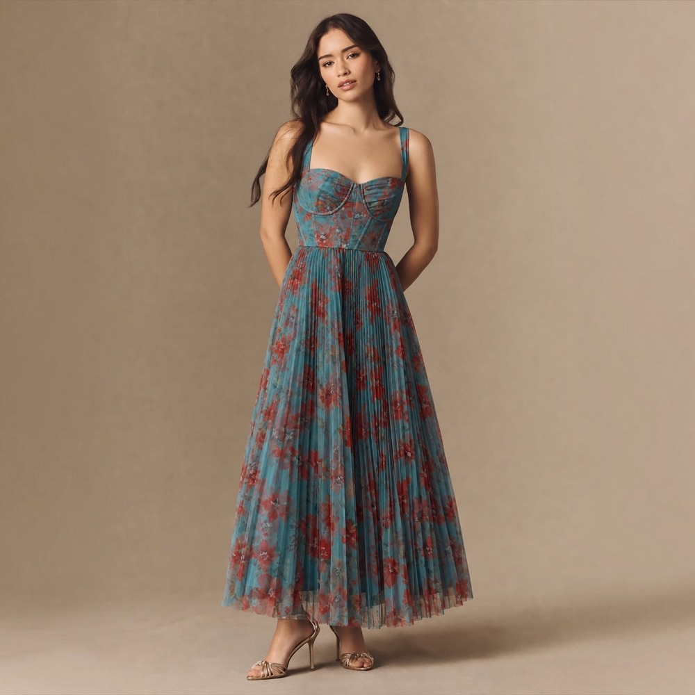 NEW HUTCH Macclare Floral Pleated Maxi Gown Teal Rust Size Small